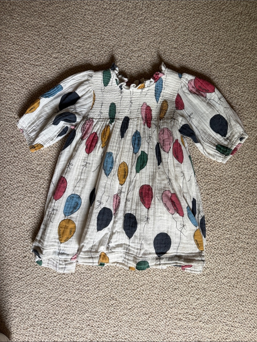 Pink Chicken White Balloon-Print Cotton Dress with Multicolor Balloons